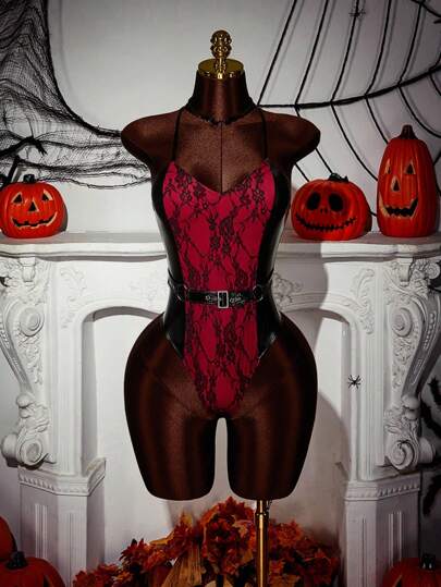 Amplova Damen Spitzen- & PU-Leder Patchwork sexy modischer Bodysuit