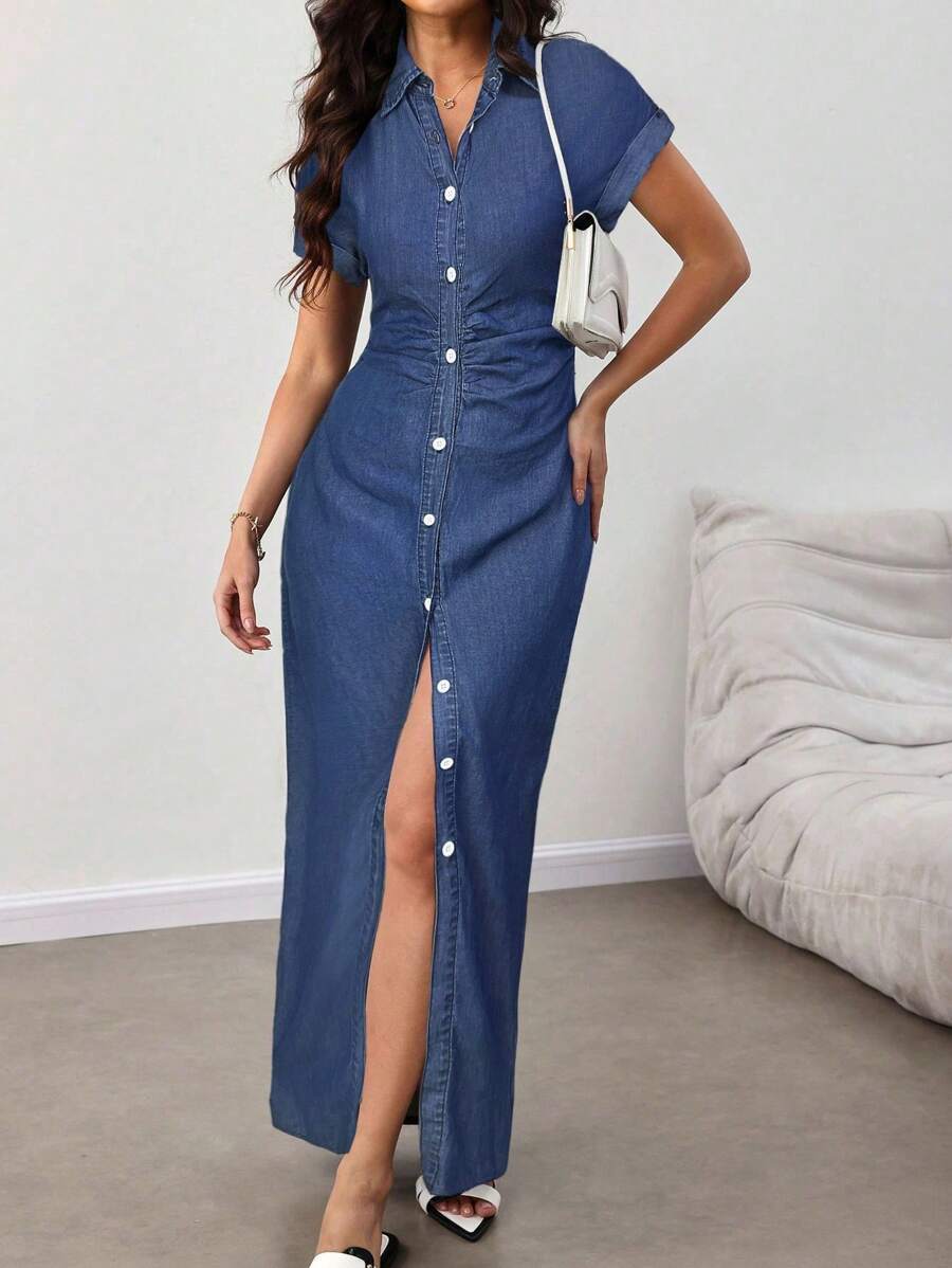 SHEIN Lady Váy denim đơn hàng ngày tay ngắn viền cuộn màu trơn dành cho nữ, mùa hè - Rửa tối - Xem 1