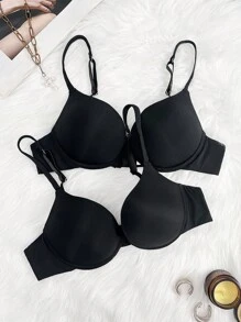 SHEIN 2pcs Women's Solid Color Minimalist Wire-Free Bras - Black - View 6