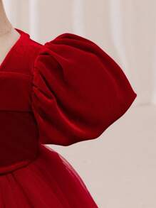 Glamorique Kids Robe de fête de Noël pour bébé fille, robe du Père Noël, robe du Nouvel An, robe de princesse en velours et tulle à manches bouffantes avec nœud papillon pour jeune fille, convient pour Noël, Halloween, représentations sur scène, Moyen-Orient, occasions formelles, toutes saisons, robe de Noël - Rouge - Voir 8