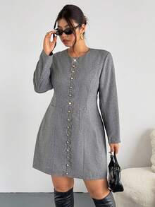 Firerie Plus Size Women's Elegant Formal Grey Blazer Dress,Gold Button Decor Floral Print Cuffed Tweed Suit Skirt With Pockets,Autumn Work Commute Dress - Grey - View 6