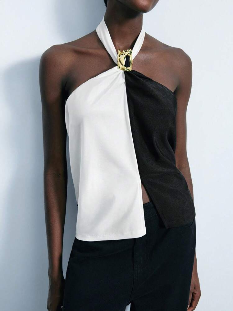 SHEIN Maija Top da donna con scollo alla halter, senza schienale, con decorazione metallica e orlo spaccato a contrasto, adatto per Ognissanti e feste di Natale