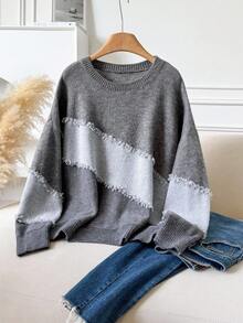 CosyJoli Suéter de cuello redondo informal de talla grande con bloque de color, bigote de gato y flecos - Gris - Ver 1