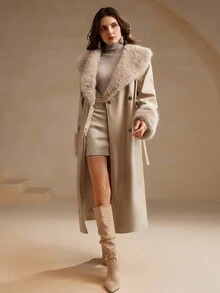 Anewsta Navy Blue Faux Leather Oversized Collar Women's Leather Jacket With Fox Fur Cuffs, Long Coat, Suitable For Autumn, Fall, Winter, Going Out, Elegant, Formal, Chic, New Year, Christmas, Work, Graduation