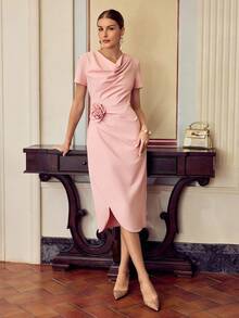 ZEYLAH 女士不对称荷叶边领口时尚粉色连衣裙 - 粉色 - 查看 1