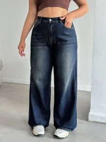 EURMUSE Damskie jeansy z wysokim stanem i szerokimi nogawkami, plus size, w stylu spranym i retro, z kieszeniami - Średni jeans - Zobacz 6