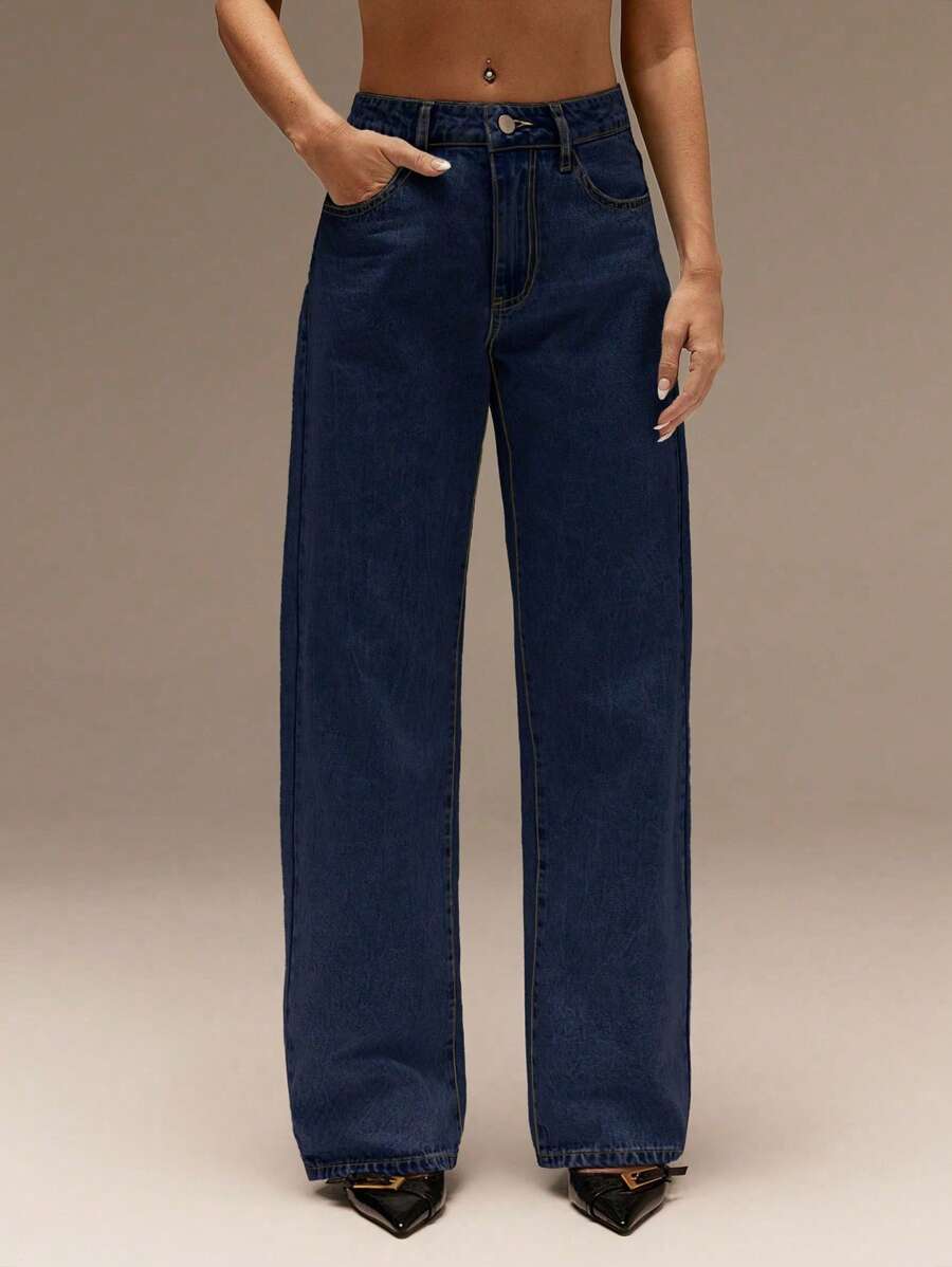 SHEIN Forever 21 Quần Jeans Nữ Mùa Xuân & Hè Lãng mạn/Dạ hội/Trang trọng/Sinh nhật/Thập niên 90/Trang phục công sở thường ngày/Thanh lịch/Phong cách phương Tây/Đi chơi/Thời trang/Thường ngày/Y2k/Câu lạc bộ/Văn phòng/Cocktail/Cổ điển/Rave/Vui nhộn/Sang trọng/Quý tộc/Thời trang dạo phố/Kỳ nghỉ/Buổi hòa nhạc đồng quê/Công sở/Khiêm tốn/Nghỉ xuân/Độc thân/Buổi hòa nhạc/Baddie/Cơ bản/Tốt nghiệp/Quần Jeans ống đứng cạp trễ màu xanh dương - Màu xanh hải quân - Xem 1