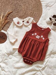 SHEIN Set di body e top a maniche lunghe da bambina con ricamo floreale sul colletto e corpetto, abbigliamento da bambino autunno/inverno con ricami floreali - Arancione - Visualizzare 4