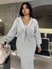 SHEIN EZwear 2 件套纯色落肩拉链连帽衫和吊带裙休闲大码套装 - 灰色 - 查看 5