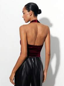 Maija Women's Burgundy Summer 70's Club Night Party Disco Crew Neck Halter Cropped Velvet Tank Top,Hotfix Rhinestones Christmas Business Casual - Burgundy - View 6
