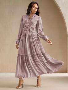 Anewsta Women's Long Floral Decor Elegant Casual Dress - Dusty Pink - View 7