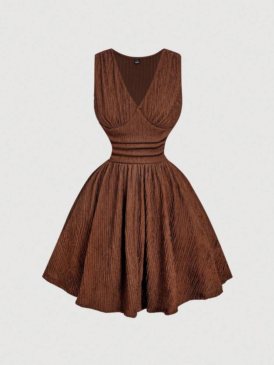 SHEIN MOD Gorgeous Court Peach V-Neck Dress With Pleated Details - Dreamy And Romantic, Perfect For Dates, Parties, Holidays, Tea Parties, And Birthdays