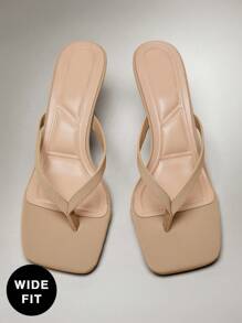 SHUZIA 宽楦女士舒适猫跟方头人字拖凉鞋，适合圣诞节和情人节穿着。 - 米色 - 查看 6