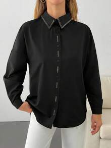 EURMUSE Langarm-Hemd mit klassischem Kragen, verziert mit kleinen Strass-Steinen entlang des Kragens und der vorderen Knopfleiste, eleganter und raffinierter Stil