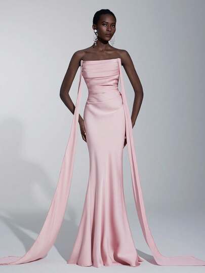 Elitara Elegant Romantic Woven Matte Detachable Sash Decor Bustier Fitted Mermaid Bridesmaid Dress