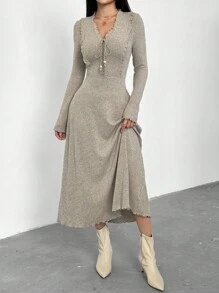 Feyla 女士优雅纯色中长通勤连衣裙 - 灰色 - 查看 3