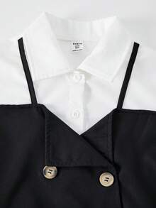 1 件女童长袖翻领衬衫裙，休闲中长连衣裙，适合日常穿着，秋季 - 黑與白 - 查看 3