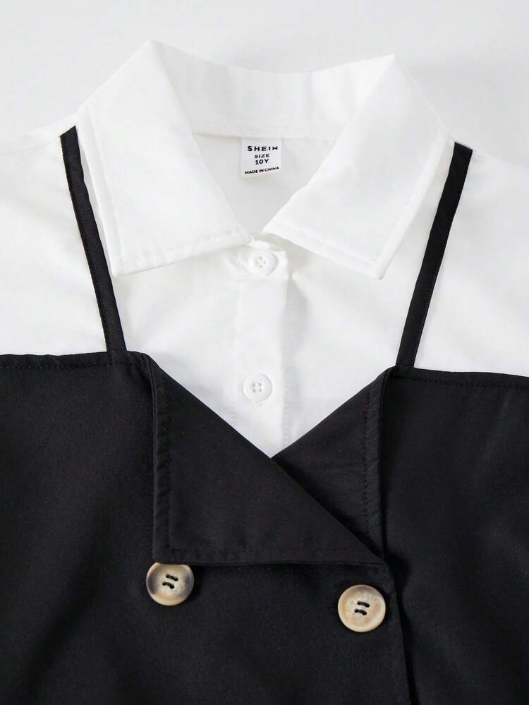 1pc Girls' Long Sleeve Collared Shirt Dress, Casual Midi Dress For Daily Wear, Autumn - Black and White - View 3