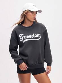 Streetz SHEIN Sport 女式休闲运动字母印花落肩长袖运动衫 - 灰色 - 查看 3