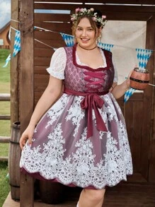 SHEIN Frenchy Dirndl-Kleid in Große Größen für Damen mit Bindedesign, Applikation und Netzeinsatz am Saum, elegantes Oktoberfest-Trachtenkleid im deutschen Traditionsstil - Bordeaux - Übersicht 3