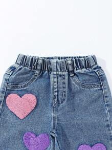 SHEIN 女嬰休閒可愛風城市心形刺繡鬆緊腰寬腿牛仔褲 夏季畢業季 藍色與粉色 秋季 - 中等水洗藍 - 查看 4