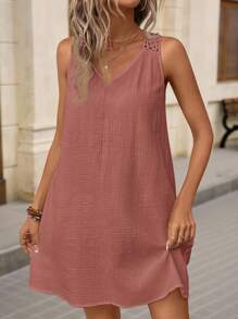 Brillora Summer Boho Solid Hollow Out Tank Dress - Dusty Pink - View 2