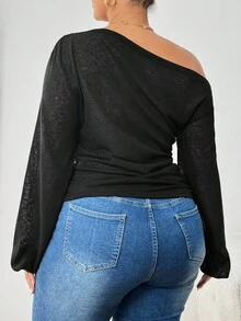 SHEIN PETITE CURVE Plus Size Women's Solid Color Slope Collar Long-Sleeved T-Shirt For Women Casual Loose Slouchy Style See-Through Blouse Beach Vacation Style Top For Women Off The Shoulder Top Long Sleeve Top One Shoulder Top Women Tops Puff Sleeve Top