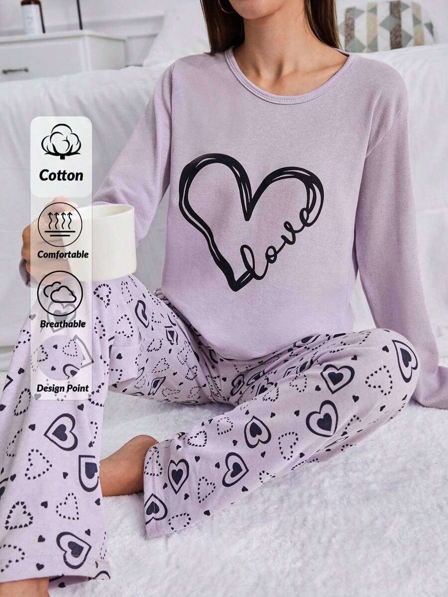 RueChic 100% Cotton 2Pcs  Contrast Colour Heart Printed PJ Set - Lilac Purple - View 1