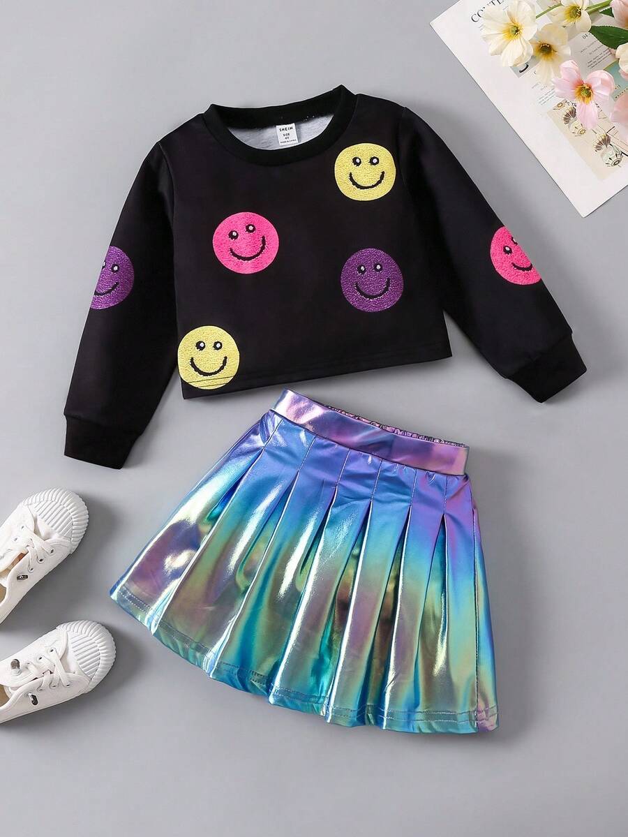 SHEIN 年轻女孩 Y2K 彩色印花圆领卫衣 + 金属玫瑰红褶皱迷你裙套装,适合秋季、冬季、休闲、派对、运动、街头 - 彩色 - 查看 1