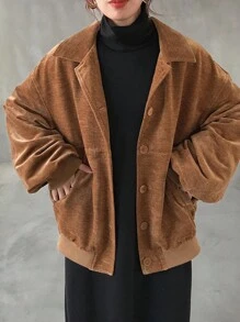 FRIFUL Women's Loose Lantern Sleeve Solid Color Thickened Casual Suede Jacket Fall,Winter - Khaki - View 3