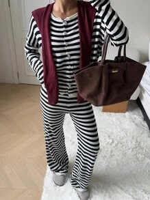 SHEIN EZwear Fall Women Clothes 2pcs Women's Black & White Striped Drop Shoulder Long Sleeve Cardigan And Knitted Long Pants Set Striped Two Piece Set Women Black And White Striped Two Piece Set Striped Cardigan And Pants Set - Black and White - View 2