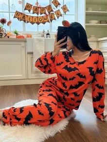 SHEIN 女士万圣节元素蝙蝠印花圆领长袖橙色上衣和裤子睡衣套装，秋季服装 - 橘色 - 查看 4