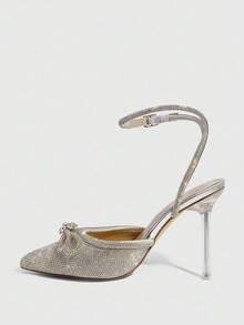 CUCCOO SZL Pointed Toe Rhinestone Bowknot Ankle Strap High Heel Sandals Valentine's Day - Silver - View 5