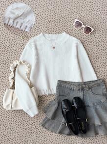 SHEIN Maglione bianco in maglia con nappe carine per ragazze pre-adolescenti, alla moda e versatile per uscite - Bianco - Visualizzare 6