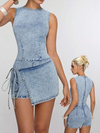 Jeanoix 圆领弹力带修身洗水牛仔连身连衣裙