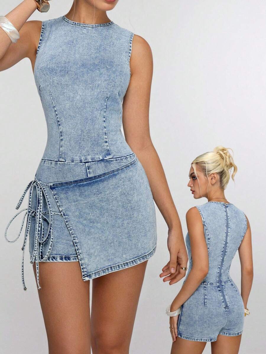 Jeanoix 圆领弹力带修身洗水牛仔连身连衣裙 - 淺色水洗藍 - 查看 1