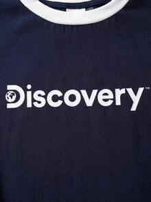 Discovery X SHEIN Women's Contrast Trim Letter Graphic Round Neck Short Sleeve T-Shirt