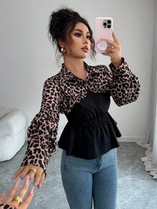 Elenzga Elegancka koszula biurowa z długim rękawem i nadrukiem w panterkę - Czarne - Zobacz 1