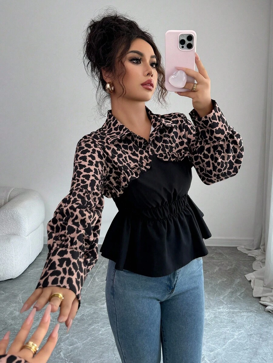 Elenzga Elegancka koszula biurowa z długim rękawem i nadrukiem w panterkę - Czarne - Zobacz 1