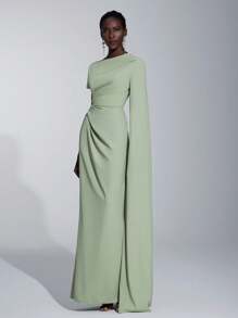 Elitara Elegant Asymmetric Sleeve Ruffle Hem Long Sleeve Dress, Suitable For Wedding, Party, Date, Formal Bridesmaid Event