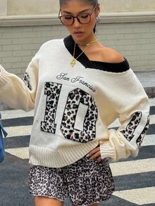 SHEIN 少女休闲黑白撞色美式复古学院情人节 V 领黑白心形印花套头衫，简约时尚休闲日常穿着，返校 - 黑與白 - 查看 1