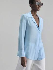 Ontre Women's Blue Collar Long Sleeve Shirt, Minimalist Fashion Urban Business Casual Blouse For Office, Island Resort & Outdoor Wear - Blue - View 6