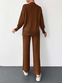 SHEIN Cottnline Women's Solid Color Round Neck Drop Shoulder Sweater And Knitted Straight Pants 2pcs/Set - Rust Brown - View 2