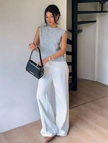 Elenzga 灰色刺绣休闲优雅针织背心，秋冬 - 灰色 - 查看 5