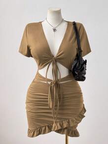 Sunspun Plus Size Sexy Solid V-Neck Tie-Up Ruched Waist Hollow Out Bodycon Dress - Khaki - View 4