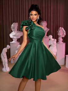 Lovelzi Women's Elegant Romantic Satin One-Shoulder Pleated Exaggerated 3D Floral A-Line Midi Dress, Suitable For Formal Balls, Galas, Parties - Dark Green - View 2