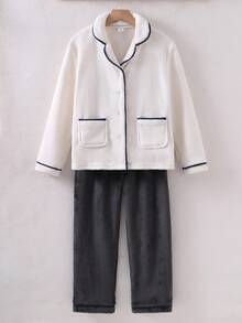 2 件套青少年男孩简约格子开衫，撞色领子和口袋，搭配灰色裤子，休闲家居服 - 白色 - 查看 4