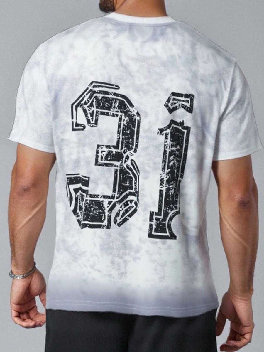 Manfinity Homme Camiseta de manga corta casual de hombre con estampado numérico y efecto tie-dye, para verano