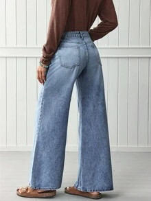 EMERY ROSE Quần Jeans Ống Rộng Dáng Rộng Có Nút Túi Phía Trước Cho Nữ - Rửa nhẹ - Xem 2