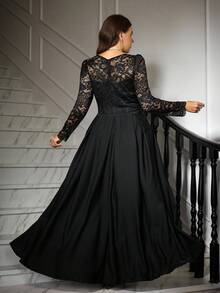 Ellevyn فستان نسائي أنيق مقاس كبير مع تصميم من الدانتيل والتكشيرات عند الرقبة - الأسود - مشاهدة 8